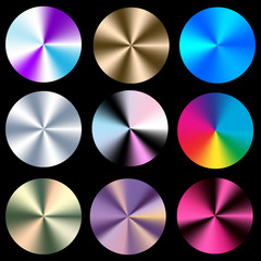 Set conical gradients. Vector radial glossy background. Texture of foil, metal.
