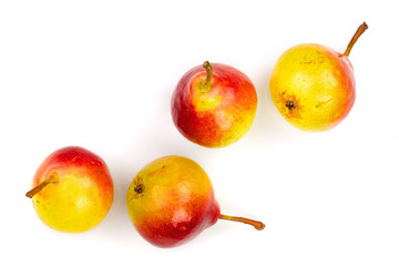 four ripe red yellow pear fruits isolated on white background. Top view. Flat lay pattern