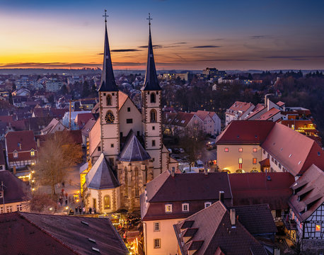 City church during the blue hour, Bad Wimpfen, Germany. HDR taken from the blue tower (Blauer Turm).