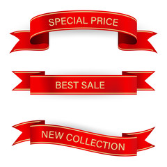 sale price banner and tag ribbon to business promotional. red ribbons set.