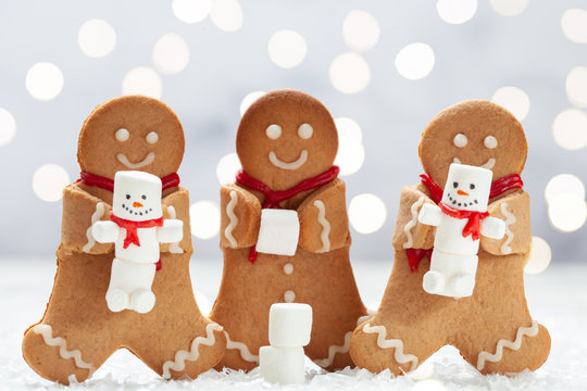 Funny Gingerbread cookie men with cute marshmallow snowman