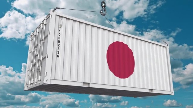 Loading container with flag of Japan. Japanese import or export related conceptual 3D animation