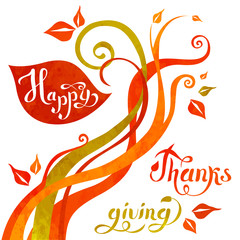 Fototapeta premium Happy Thanksgiving background. Hand Lettered Text. Template for your design, flyer, card, gift, banner and poster. Watercolor splash background with leaves. Vector autumn illustration