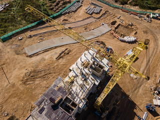 Aerial view of an active downtown construction site.
