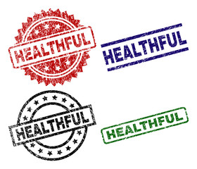 HEALTHFUL seal prints with damaged texture. Black, green,red,blue vector rubber prints of HEALTHFUL text with grunge texture. Rubber seals with circle, rectangle, medallion shapes.