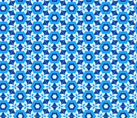 Geometric seamless pattern. Mix blue and white kaleidoscope. Oriental ornament mosaic background.  Azulejos tiles.Vector template for invitations, greeting cards, fabric, wallpapers.