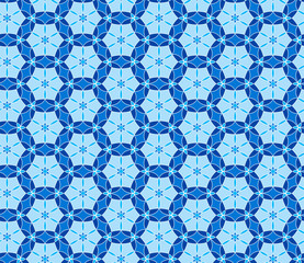 Geometric seamless pattern. Mix blue and white kaleidoscope. Oriental ornament mosaic background.  Azulejos tiles.Vector template for invitations, greeting cards, fabric, wallpapers.