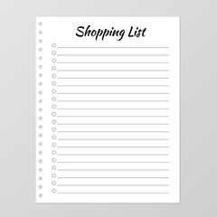Shopping list template. Planner page. Lined and numbered paper sheet. Blank white notebook page isolated on grey. Stationery for organization and planning. Gift list.