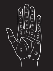 Palmistry or chiromancy hand with signs of the planets and zodiac signs black and white hand drawn design isolated vector illustration.