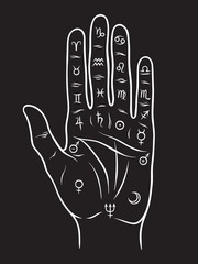 Fototapeta premium Palmistry or chiromancy hand with signs of the planets and zodiac signs black and white hand drawn design isolated vector illustration.