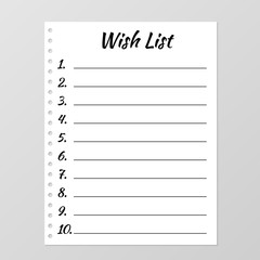 Wish list template. Planner page. Lined and numbered paper sheet. Blank white notebook page isolated on grey. Stationery for organization and planning. Gift list.