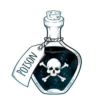 Naklejki Poison in bottle line art and dot work hand drawn vector illustration. Boho style sticker, patch, print or blackwork flash tattoo design.
