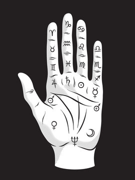 Palmistry or chiromancy hand with signs of the planets and zodiac signs black and white hand drawn design isolated vector illustration.