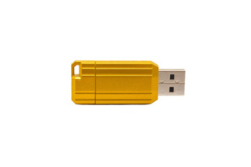 Yellow USB flash on white isolated background