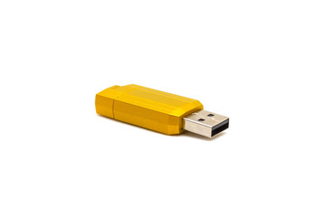 Yellow USB flash drive on white isolated background
