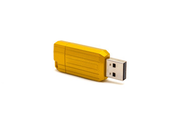 Yellow USB flash drive on white isolated background