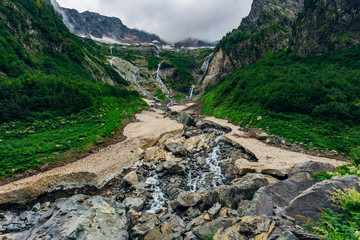Mountain landscape, waterfalls. Valley of river Achapara, Abkhazia