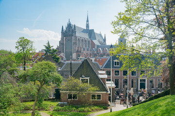Aerial view of the Leiden cityscape from the historical Burcht van Leiden castle