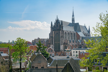 Aerial view of the Leiden cityscape from the historical Burcht van Leiden castle