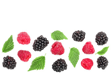 blackberry and raspberry with leaves isolated on white background with copy space for your text. Top view. Flat lay pattern