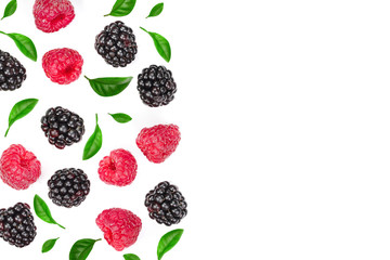 blackberry and raspberry with leaves isolated on white background with copy space for your text....