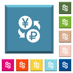 Yen Ruble money exchange white icons on edged square buttons