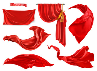 Red curtain. 3d realistic vector set - obrazy, fototapety, plakaty