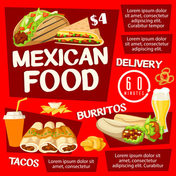 Mexican food with taco, burrito and drinks