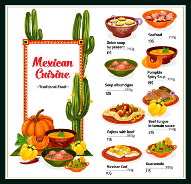 Mexican cuisine menu with dishes of Mexico