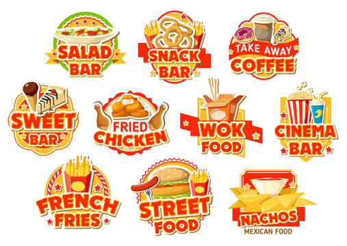Fast food restaurant labels, burgers and drinks