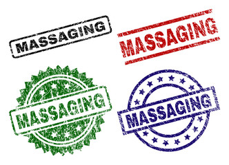MASSAGING seal prints with damaged surface. Black, green,red,blue vector rubber prints of MASSAGING label with unclean surface. Rubber seals with circle, rectangle, medal shapes.
