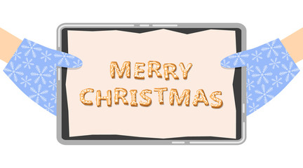 Lettering congratulation inscription for december holiday greeting card, poster or banner, vector illustration. Female hands holding a tray with baking paper and letters Merry Christmas homemade cakes