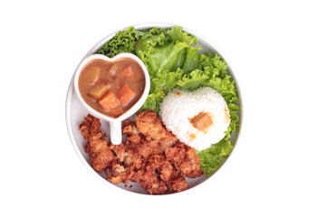 Jasmine rice with deep fried chicken and Japanese yellow curry .