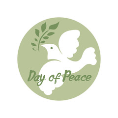 Day of Peace. White dove with green branch. Round vector template. Flat design.
