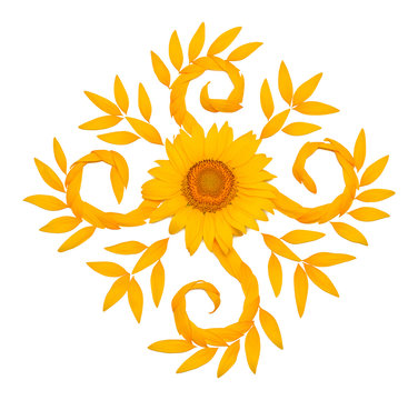 Creative idea flower of a sunflower and petals flying in the wind. Food, products. Abstraction and wave. Floral pattern. Agricultural topics. Place for text. Flat lay, top view