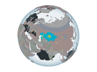 Kazakhstan with flag on globe isolated