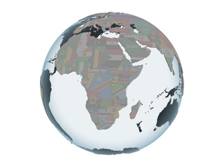 Rwanda with flag on globe isolated