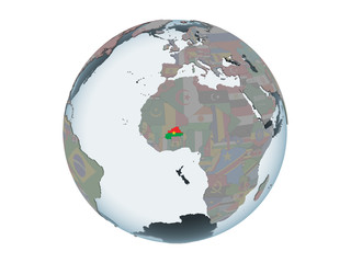 Burkina Faso with flag on globe isolated