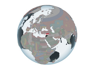 Syria with flag on globe isolated