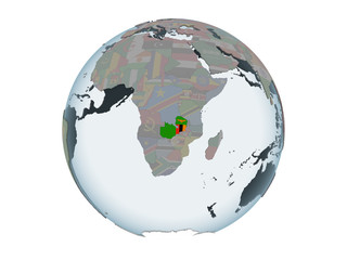 Zambia with flag on globe isolated
