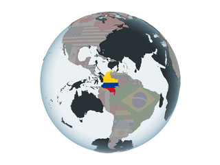 Colombia with flag on globe isolated