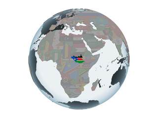 South Sudan with flag on globe isolated