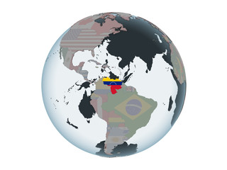 Venezuela with flag on globe isolated