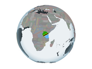 Tanzania with flag on globe isolated