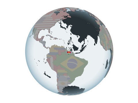 Suriname with flag on globe isolated