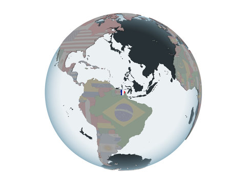 French Guiana with flag on globe isolated