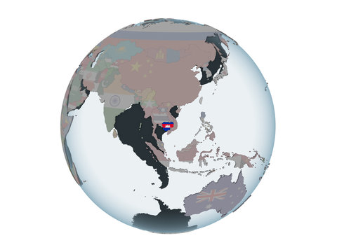 Cambodia with flag on globe isolated