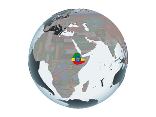 Ethiopia with flag on globe isolated