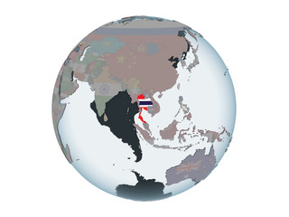Thailand with flag on globe isolated