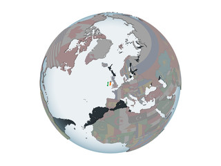 Ireland with flag on globe isolated